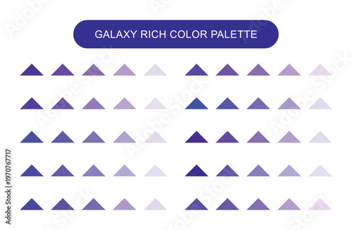 Purple galaxy color palette featuring triangle swatches. Minimalist design grid for graphic artists and digital branding projects.