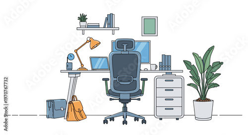 Empty modern home office workspace with ergonomic chair large desk computer monitors and plants vector illustration.