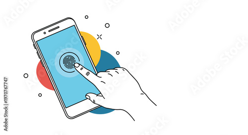 Human finger touching a smartphone screen with fingerprint scanning icon for biometric security and access vector illustration.