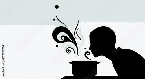 Man smelling aromatic steam rising from a pot on a table in a minimalist setting