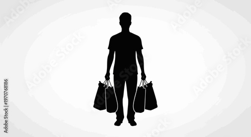 Man holding shopping bags in both hands standing against a white background with gray oval pattern