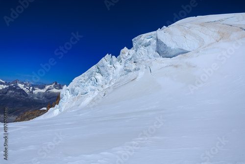 Panorama view of glacier Grenzgletscher with icefall, crevasses and seracs in summer on the mountain Monte Rosa massif in Pennine Alps, Switzerland