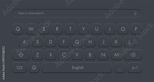 Dark theme smartphone virtual keyboard layout with voice search bar. Vector illustration