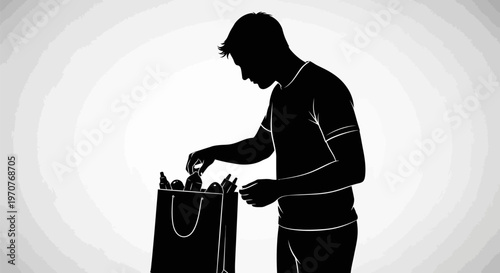Man in silhouette putting items into a shopping bag on a white background with gray circles