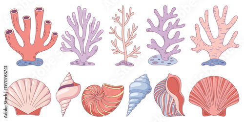 Underwater Coral Reef and Seashell Vector Set with Vibrant Marine Plants, Ocean Life Elements, Tropical Aquatic Illustration, Decorative Sea Nature Design Collection