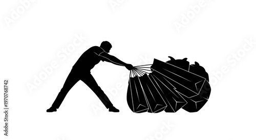 Man struggles to hold large crumpled paper bundle symbolizing effort and frustration in daily tasks and challenges