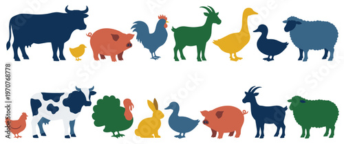 Silhouettes of farm animals in different colors and patterns on white.