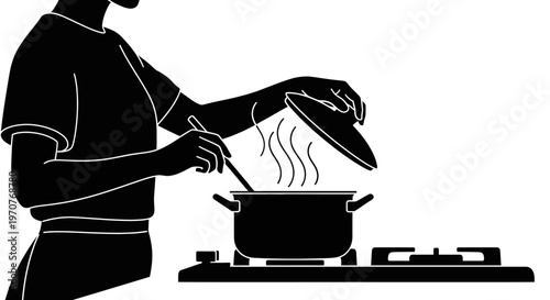 Cook stirring steaming pot on gas stove in kitchen