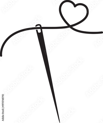 Needle and thread forming a heart shape with elegant stitching detail.