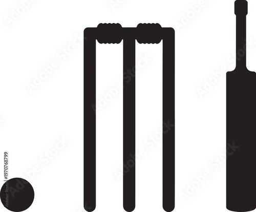 Cricket equipment silhouette set with bat ball and stumps on transparent grid background.