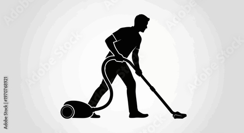 Man cleaning floor with vacuum cleaner in a simple black silhouette style