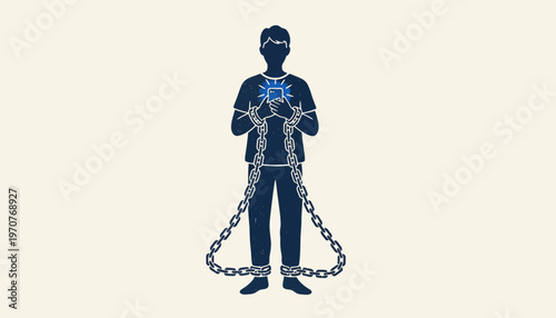Person trapped by chains with broken shackles symbolizing freedom and empowerment