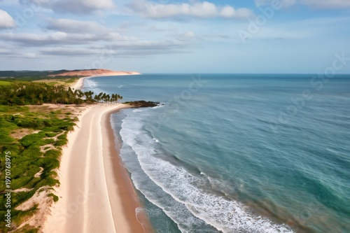 Brazilian beach coastline with waves and tropical vegetation
