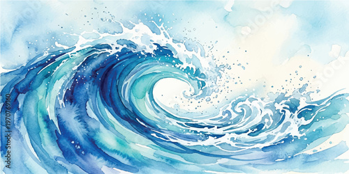 Watercolor painting of a large crashing ocean wave with blue and turquoise gradients and white sea foam splashes on a light background