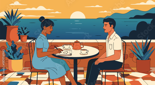 Vector illustration of a couple enjoying a romantic conversation and coffee on a balcony overlooking the ocean at sunset