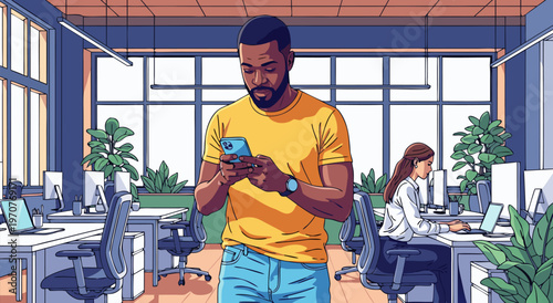 Modern vector illustration of a Black man in a yellow t-shirt using his smartphone in a bright, contemporary office setting with colleagues working in the background