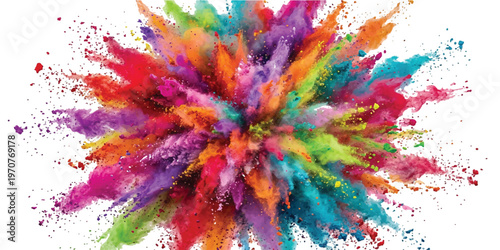 Vibrant multicolored powder explosion radiating from the center with scattered particles of red orange yellow green blue and purple pigment against a stark white background