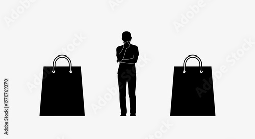 Person standing between two large shopping bags in black silhouette on white background