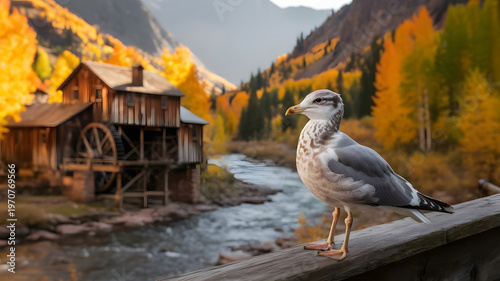 Autumn in Crystal Mill, Colorado Landscape, A young seagull is sitting on a wooden hut.