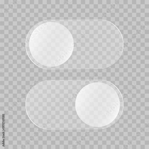 Liquid transparent glass toggle on and off buttons, user interface futuristic ui icons. Vector illustration