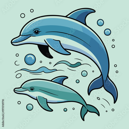 Two Dolphins Swimming Together in Ocean Water with Bubbles Cartoon Style
