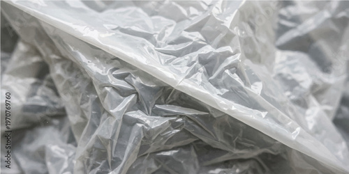 Close up of a translucent crinkled plastic bag with a visible zipper seal showing folds and light reflections on the thin polymer surface