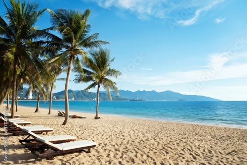 Tropical beach landscape with palm trees and ocean
