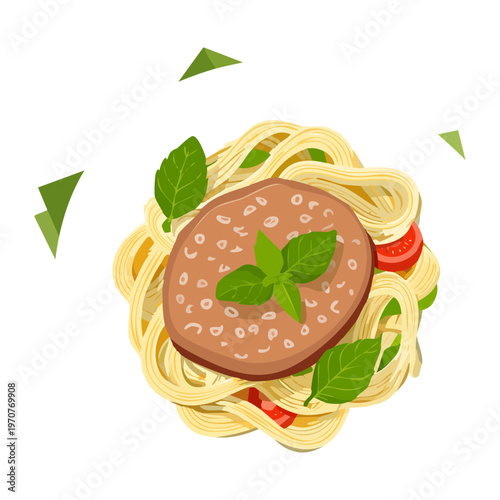 Top view of spaghetti pasta with sauce and meatball decorated with fresh basil leaves for menu - Vector Illustration