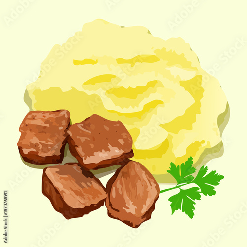 Savory beef pieces with creamy mashed potatoes and green herbs for a hearty and healthy dinner - Vector Illustration