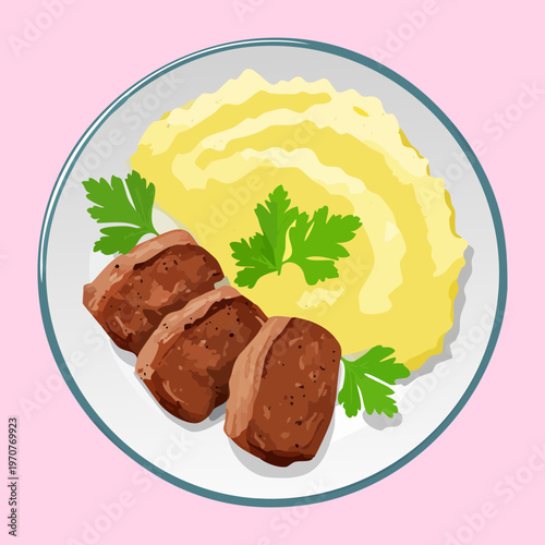 Plate of traditional roasted meat chunks with mashed potatoes and green garnish for restaurant food menu - Vector Illustration