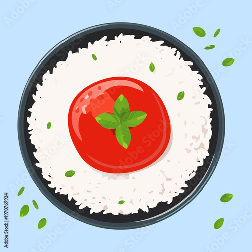 Traditional white rice bowl with savory red sauce and green herbs for healthy vegetarian meal concept - Vector Illustration