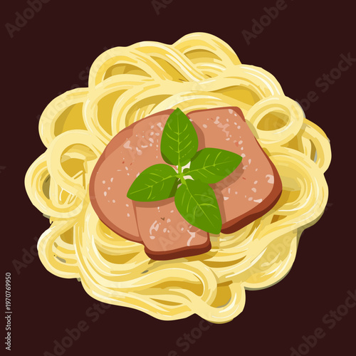Delicious spaghetti pasta served with meatball and fresh green herbs on a dark round plate - Vector Illustration