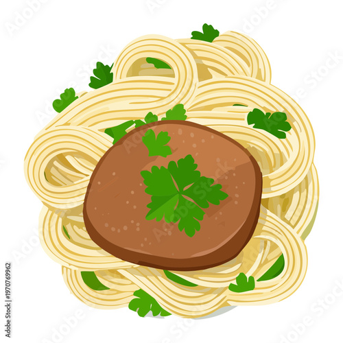 Italian style spaghetti noodles topped with savory meatball and parsley garnish for restaurant menu design - Vector Illustration