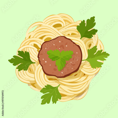 Tasty pasta spaghetti dish with meatball and green leaf garnish served on a bright light plate - Vector Illustration