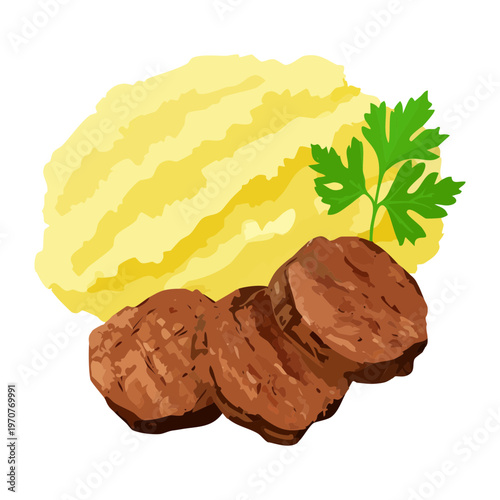 Grilled meat medallions served alongside fluffy mashed potatoes and parsley for gourmet meal presentation design - Vector Illustration