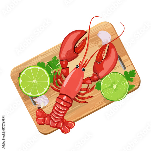 Cooked red lobster served on a wooden board with fresh lime slices and green herb garnish - Vector Illustration