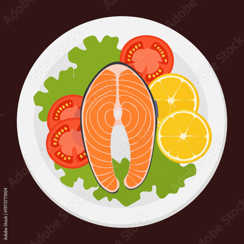 Grilled salmon steak served with fresh tomato salad and lemon slices for healthy protein rich meal - Vector Illustration