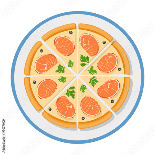 Round gourmet pizza with salmon slices and fresh herbs for upscale italian restaurant menu illustration art - Vector Illustration