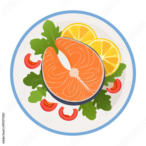 Fresh salmon fillet served on a plate with lemon slices and mixed salad for healthy dinner - Vector Illustration