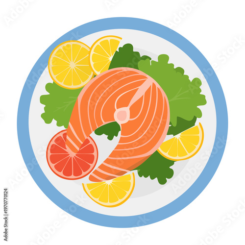 Gourmet salmon fillet platter with citrus slices and fresh greens for healthy seafood dining concept art - Vector Illustration