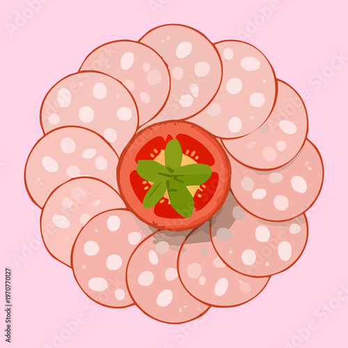 Top view of ham or salami slices arranged on a plate for gourmet deli snack concept - Vector Illustration