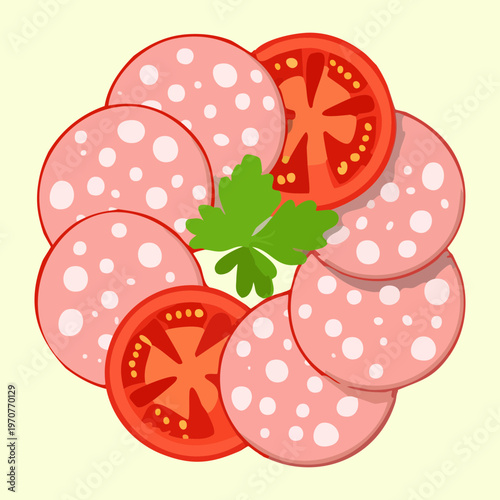 Round platter of sliced salami sausage with tomatoes and parsley for deli and catering menu illustration - Vector Illustration