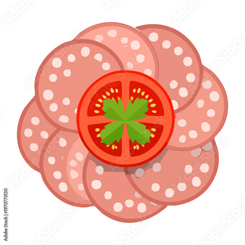 Salami slices decorated with fresh tomato and greens for a tasty appetizer or charcuterie board design - Vector Illustration