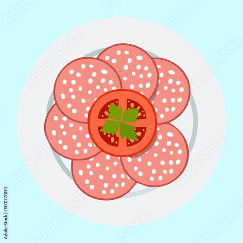 Salami sausage slices arranged with fresh tomato and green herb garnish for savory snack platter design - Vector Illustration