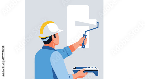 Professional Male Painter in Hard Hat Renovating Interior Wall with Roller Vector Illustration