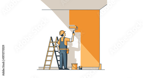 Professional Painter Decorating Interior Wall with Orange Paint and Roller - Home Renovation and Construction Concept