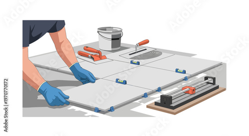Professional Tiler Installing Large Ceramic Floor Tiles Using Leveling System and Construction Tools Illustration