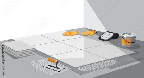 Professional Floor Tiling Construction Illustration with Tools and Tiles for Home Renovation and DIY Interior Design Projects