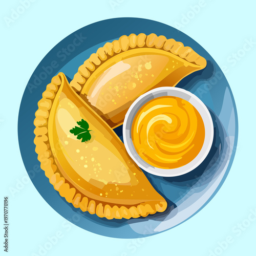 Crispy empanadas with mustard or dipping sauce for traditional savory snack and appetizer menu concept design - Vector Illustration