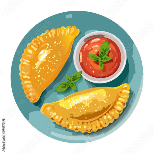 Golden pastries or dumplings with dipping sauce for ethnic snack and street food menu illustration art - Vector Illustration